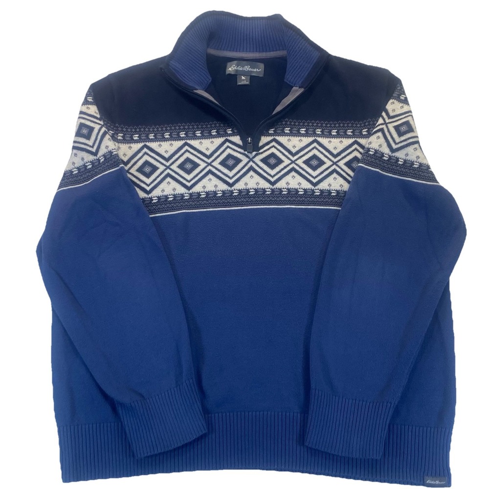 Eddie Bauer Sweater Mens L Navy Blue‎  1/4 Zip Pullover 100% Cotton